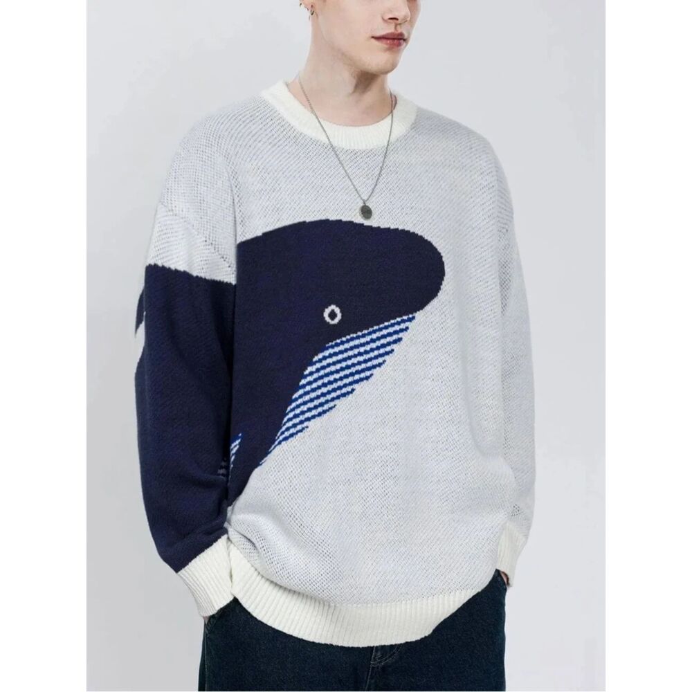 Aelfric Eden Whale Knit Sweater Size XL Navy Cream Oversized Coastal Nautical